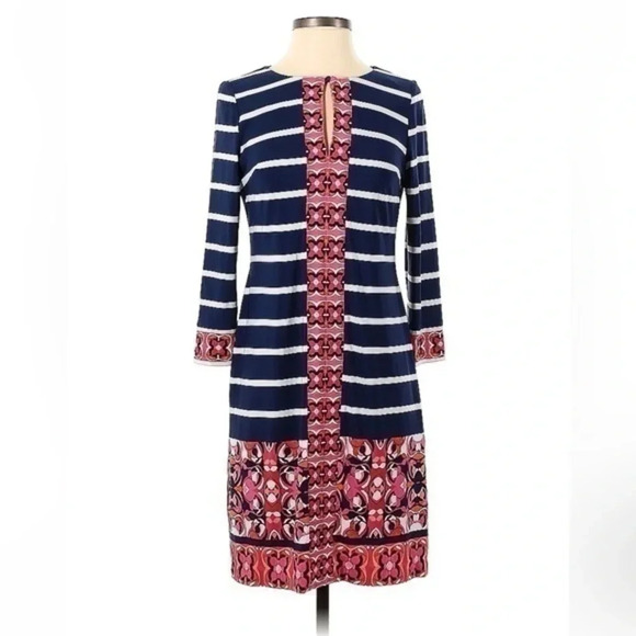 Eliza J | Navy Striped Bohemian Print 3/4 Sleeve Cocktail Dress Size 4 Small - Picture 1 of 4